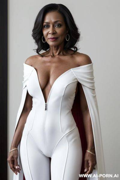 1 milf, 0 years old, realistic, beautiful face, hd, k, detail, high detail, k, full body, beautiful face, super hero suit, white bodysuit, sexy suit, shoulder off, shoulder cape, mom body, fifty years old, gray hair, s symbol on suit, african. - ai-porn.ai on pornsimulated.com