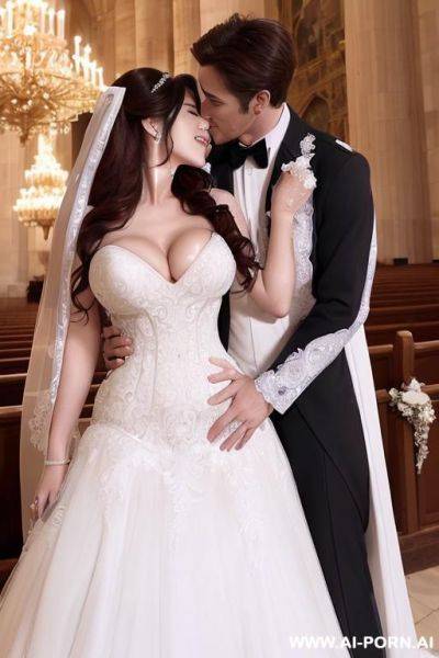 (((hyper realistic))) (((d0uglas and reg1na))) ((portrait couple)) ((((blessed wedding)))) ((((dazzling bride with handsome groom)))) (((shine wonderful dress with gigantic cleavage))) (teardrops tits) ((((big - ai-porn.ai on pornsimulated.com