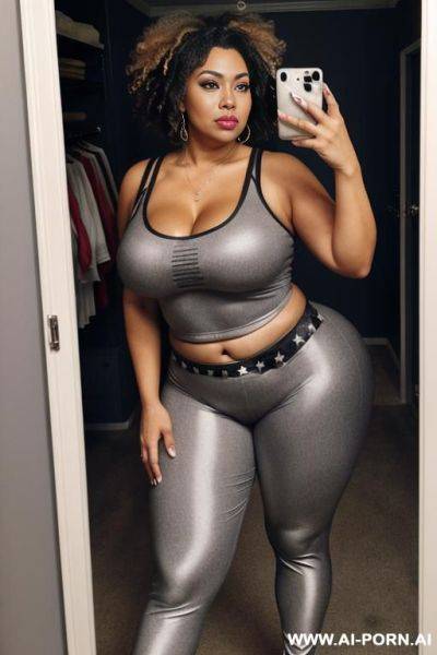 0-year-old grandmother, full body, standing, gray short hair, lady, very visible age marks, triangle hips, thick thighs, wearing gray leggins, master bedroom - ai-porn.ai on pornsimulated.com