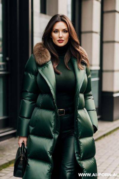 Brunette secretary wearing gigantic oversized green puffer coat, gigantic boobs, in hamburg - ai-porn.ai on pornsimulated.com