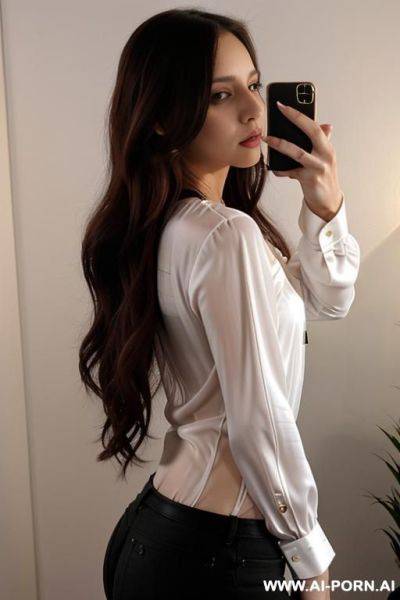 Woman long hair low neck blouse tight selfie night - ai-porn.ai on pornsimulated.com