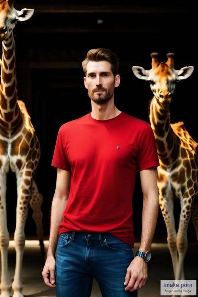 Really tall man in a red T-shirt and blue jeans in front of a... - imake.porn on pornsimulated.com