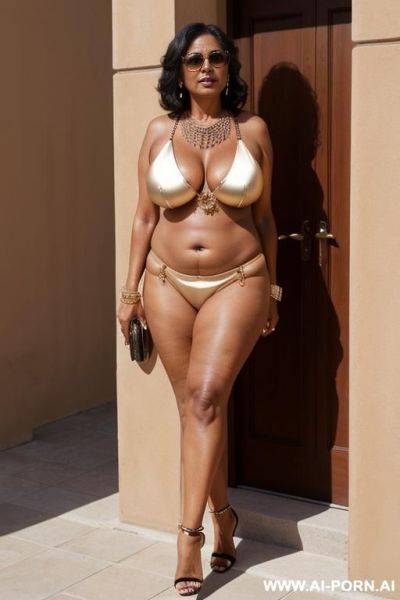 Classy sexy older woman with tanned skin. very large tits. expensive looking. high heels. anklet. belly chain. necklace. seductress. - ai-porn.ai on pornsimulated.com