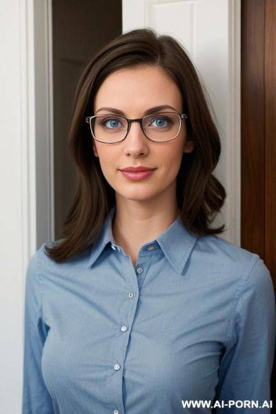 Short, brunette, blue eyes, glasses, nerdy clothes, doorway - ai-porn.ai on pornsimulated.com