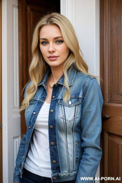 Blonde, french, denim jacket, doorway, - ai-porn.ai - France on pornsimulated.com