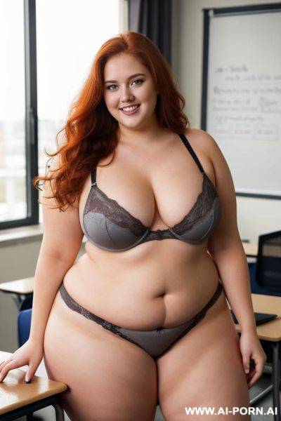 Full body photo shot, about at classroom, very fat and so bbw curvy teacher, wearing a sexy and hot gray lingerie, she is having wet sex alone - ai-porn.ai on pornsimulated.com