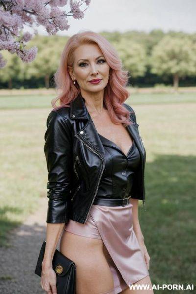 Blonde woman standing with sex exposed no panties, open legs no bra, wearing short black skirt and open black leather jacket with deep open neckline. - ai-porn.ai on pornsimulated.com