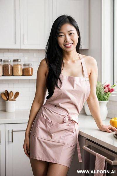 Asian woman, naked, wearing an apron, smiling, in a kitchen. - ai-porn.ai on pornsimulated.com