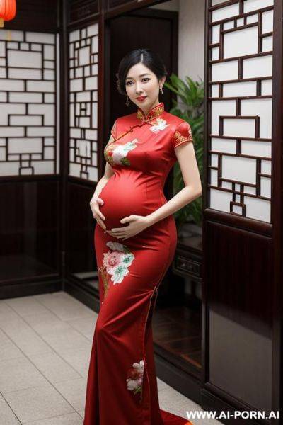 Chinese woman, pregnant, wearing a qipao - ai-porn.ai - China on pornsimulated.com