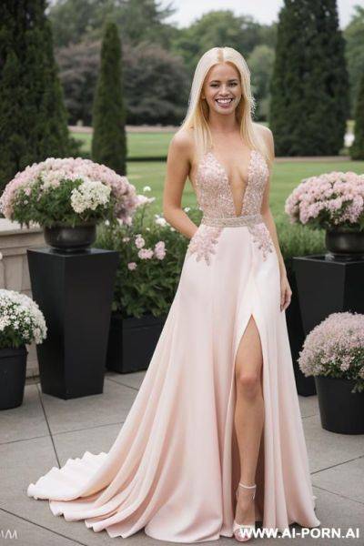 Blonde woman, standing, prom, pink prom dress, flowers, outside - ai-porn.ai on pornsimulated.com