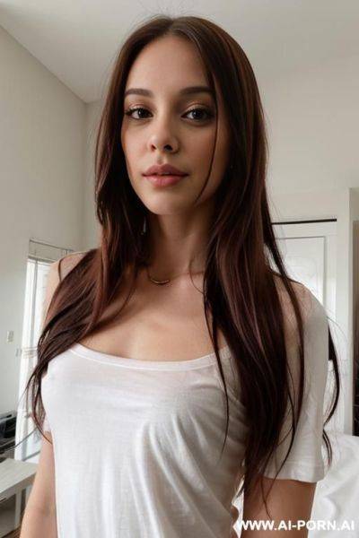 Woman long hair low neck t-shirt selfie - ai-porn.ai on pornsimulated.com