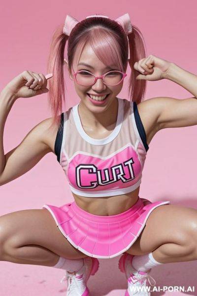 Three chinese women, multiple asian cheerleaders, chinese, asian, gorgeous, on knees, camera overhead, looking up at the camera smiling sexually beautiful, arms behind back hands behind back, beautiful - ai-porn.ai - China on pornsimulated.com