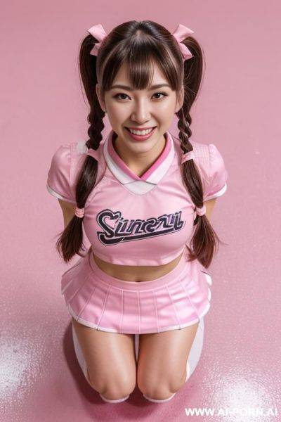 Three cheerleader women, chinese, asian, gorgeous, on knees, camera overhead, looking up at the camera, smiling sexually beautiful, - ai-porn.ai - China on pornsimulated.com