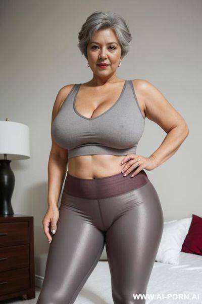 0 year old grandmother, full body, standing, lady, very visible signs of age, short gray hair, triangular hips, thick thighs, red legging, master bedroom - ai-porn.ai on pornsimulated.com