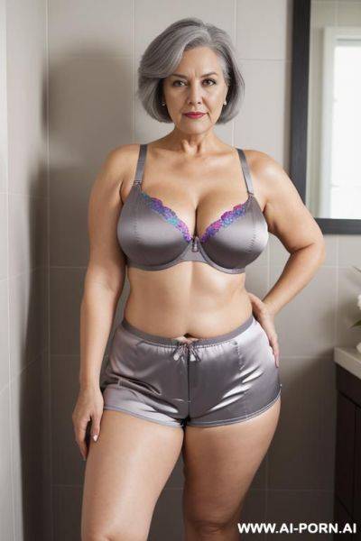 0 year old grandma, full body, standing, lady, very visible signs of age, short gray hair, triangular hips, thick thighs, wearing colorful satin shorts and bra, bathroom - ai-porn.ai on pornsimulated.com