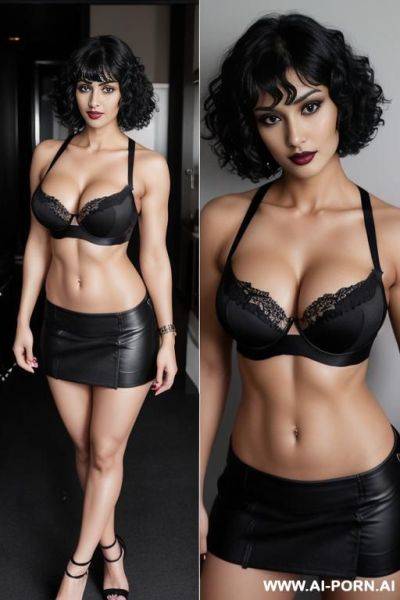 Indians, black hair, short curly hair, bangs, muscles, abs, navel piercing, dark black lipstick, black bra, black skirt, seductive, looking at camera, full body - ai-porn.ai - India on pornsimulated.com