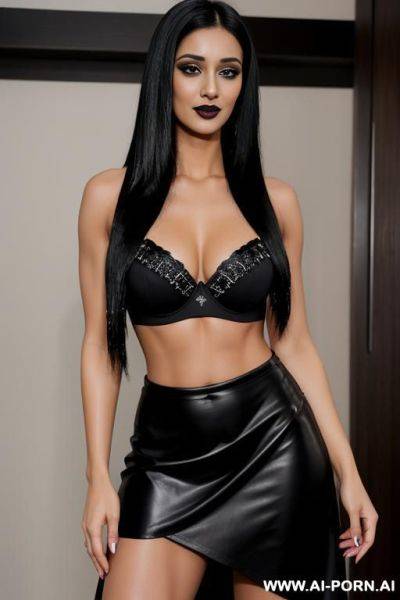 Indians, black hair, long straight hair, muscles, abs, navel piercing, dark black lipstick, black bra, black skirt, seductive, looking at camera, full body, wet dress - ai-porn.ai - India on pornsimulated.com