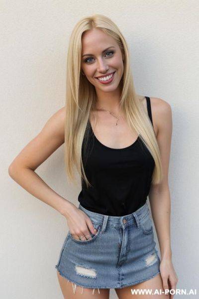 Blonde woman, party, jean skirt, tank top, sticking out tongue - ai-porn.ai on pornsimulated.com