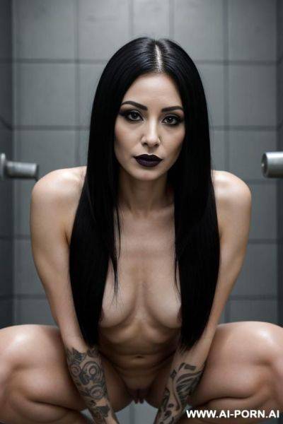 Fully naked mature goth babe, many tattoos, breasts, pert nipples, black lipstick, black hair - ai-porn.ai on pornsimulated.com