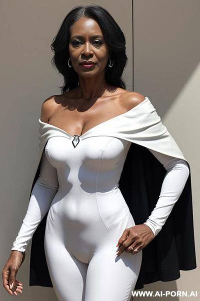 1 milf, 0 years old, realistic, beautiful face, hd, k, detail, high detail, k, full body, beautiful face, super hero suit, white bodysuit, sexy suit, shoulder off, shoulder cape, mom body, fifty years old, gray hair, s symbol on suit, african. - ai-porn.ai on pornsimulated.com