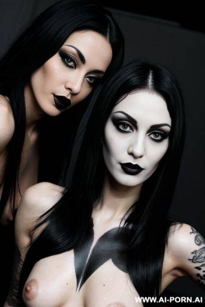 2 fully naked goth babes, black hair, black lipstick, black tattoos, dancing - ai-porn.ai on pornsimulated.com