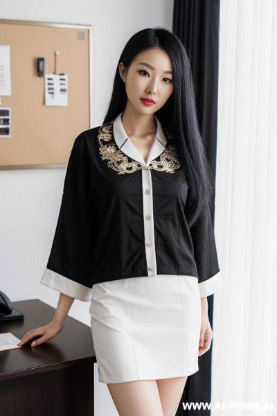 Beautiful japanese woman, white long hairs, black casual oversize wide leg trousers, standing - ai-porn.ai - Japan on pornsimulated.com