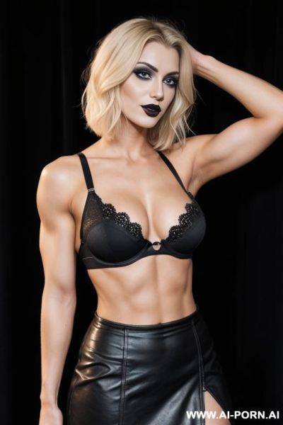 German, blonde, short straight hair, muscles, abs, big ass, navel piercing, black lipstick, goth makeup, black bra, black skirt, looking at camera, tall, full body, one arm raised, open mouth, side view - ai-porn.ai - Germany on pornsimulated.com