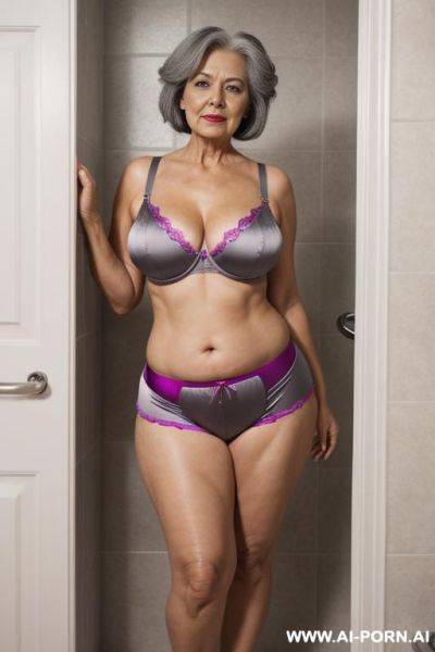 0 year old grandma, full body, standing, lady, very visible signs of age, short gray hair, triangular hips, thick thighs, wearing colorful satin shorts and bra, bathroom - ai-porn.ai on pornsimulated.com