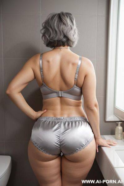 Back view, 0 year old grandma, full body, standing, lady, very visible signs of age, short gray hair, triangular hips, thick thighs, wearing colorful satin shorts and bra, bathroom - ai-porn.ai on pornsimulated.com