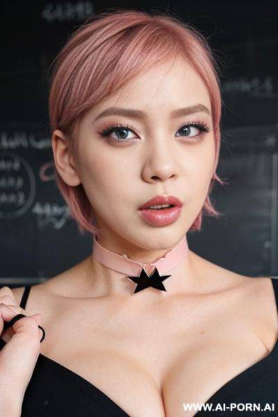 Short pink hair, big lips, korean, choker, smeared makeup, crying, uniform, classroom, blue eyes - ai-porn.ai - North Korea on pornsimulated.com