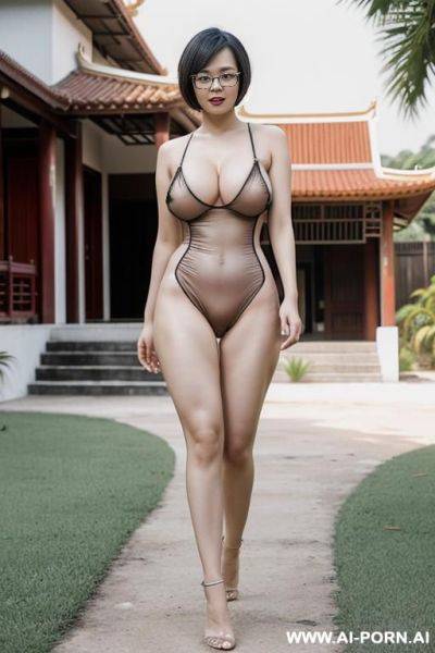 Thailand, chinese woman ((big breasts)) short bob hair, glasses, walking, naked, in front of the house, fence ((suit)) naked - ai-porn.ai - China on pornsimulated.com