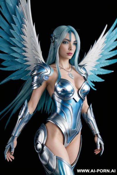 Fantasy, cyborg woman, battle angel, body full of different elements, flying elements woman, fantasy feathers wings, transparent elements body, white skin, metalc silver arms, transforming her whole - ai-porn.ai on pornsimulated.com