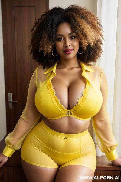 Curly hair, yellow blouse, cleavage, thick thighs, afro, huge breasts, revealing bra - ai-porn.ai on pornsimulated.com