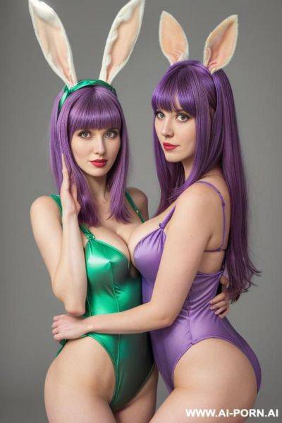 (short purple hair), green eyes, (green bunny outfit), massive breasts, ((two women)), (kissing) - ai-porn.ai on pornsimulated.com