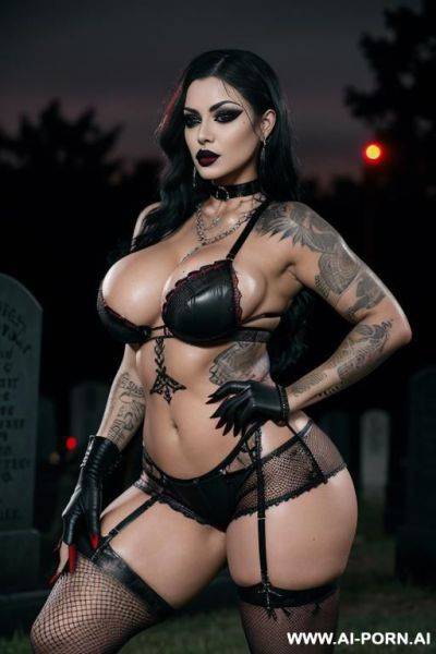 Massive tits, massive ass, tattoos, black lipstick, goth woman, black eyeshadow, black eyeliner, red eyes, (seductive stare), fishnet, (full body view), thick thighs, elry, chains, choker, black hair, ((striptease)), cemetery background, nighttime - ai-porn.ai on pornsimulated.com