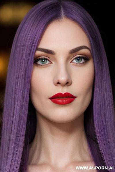 Beautiful european woman, tall, white skin, round face, purple hair, long straight hair, long eyelashes, green eyes, red lipstick, pointy nose, - ai-porn.ai on pornsimulated.com