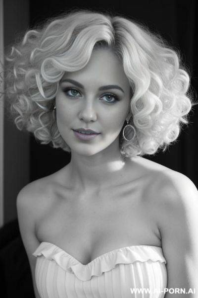 Pretty attractive curly haired swedish blonde in strapless black and white polkt dress, big full thick soft curly blonde bobcut, big bouncy blonde curls, billowy curly blonde hair, eye contact - ai-porn.ai - Sweden on pornsimulated.com