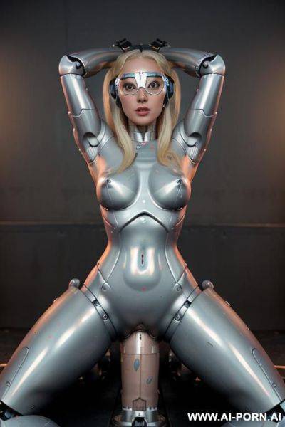 Busty blonde robot, fully robotic body and robot head, full body view, huge human boobs, (((cum leaking pussy))), wearing robot goggles, ((((riding a robot dildo)))) - ai-porn.ai on pornsimulated.com