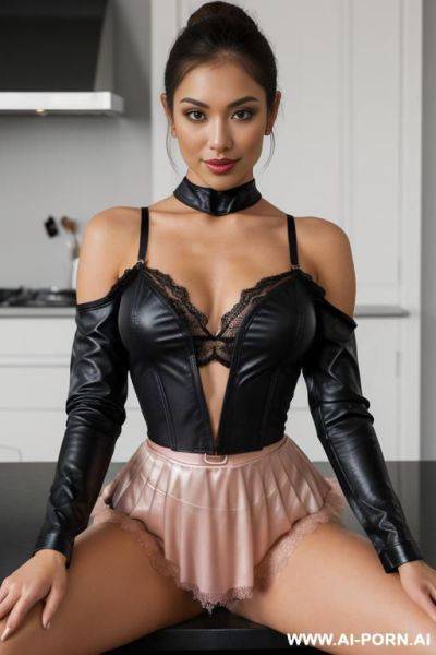 Standing woman blonde short leather black skirt black open leather jacket décolleté legs show pussy - ai-porn.ai on pornsimulated.com