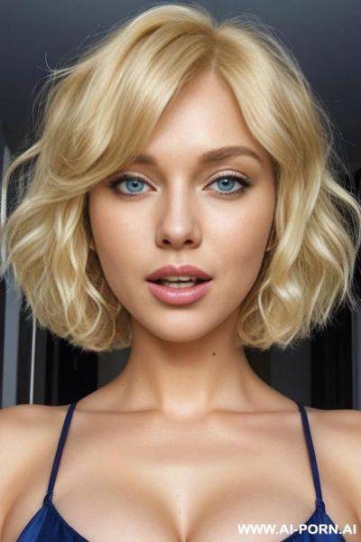 Big curly blonde bob cut, billowy fluffy wide curly bobcut, voluminous blonde curls surrounding face, kawaii, sexy open mouth - ai-porn.ai on pornsimulated.com