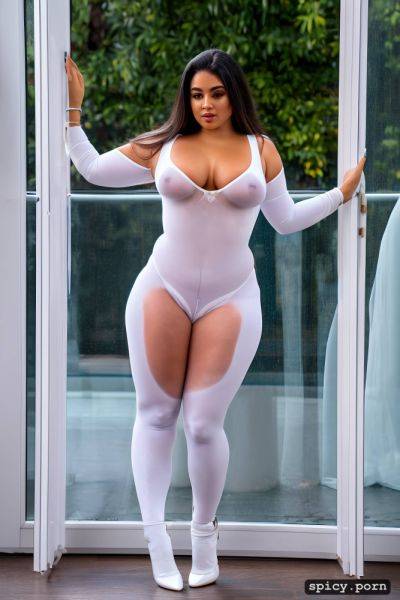 A chubby woman wearing white transparent tight bodysuit with white legs - spicy.porn on pornsimulated.com