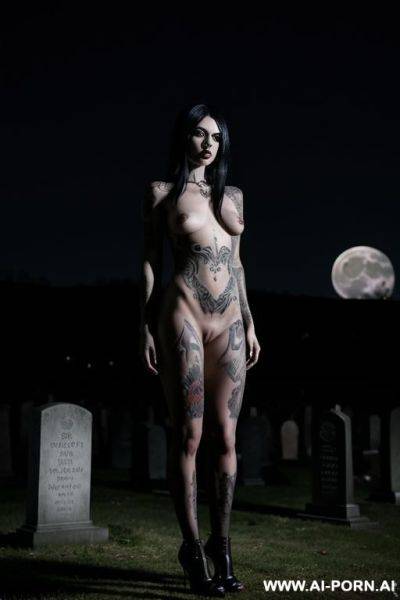 Beautiful naked goth woman, many tattoos, black hair, standing, graveyard, moonlight - ai-porn.ai on pornsimulated.com