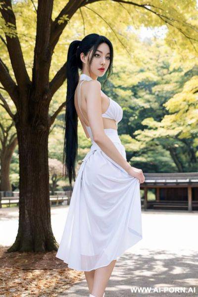 Beautiful sexy 20 year old long black hair woman posing naked, no makeup, brown eyes, ponytail, standing by park, gauze white dress, costume with blue accents, white cyan, japanese, skirt, lifting her skirt, front view, looking at viewer - ai-porn.ai - Japan on pornsimulated.com