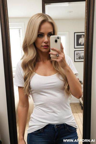 Woman long dark blonde jeans t-shirt selfie photo in the mirror - ai-porn.ai on pornsimulated.com