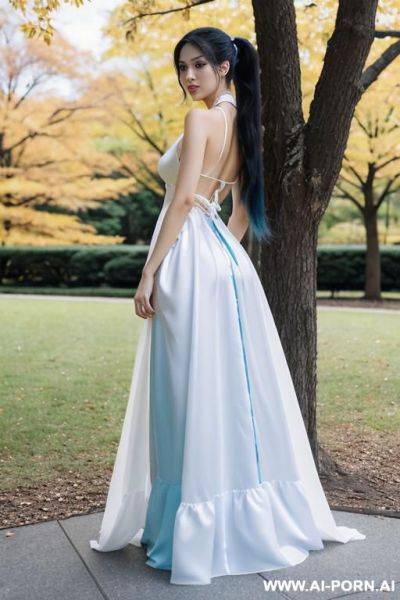 Beautiful sexy 20 year old long black hair woman posing naked, no makeup, brown eyes, ponytail, standing by park, good hands, perfect fingers, gauze white dress, costume with blue accents, white - ai-porn.ai - Japan on pornsimulated.com