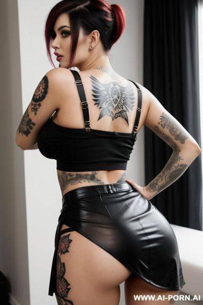 Nice peach ass tattoos punkwoman, nice boobs, black see thru bh, german, black skirt, red panty, look naughty, from behind, pixi hair, lean over, straps - ai-porn.ai - Germany on pornsimulated.com