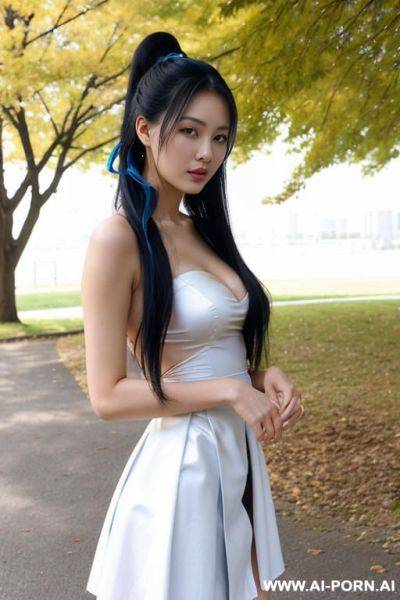 Beautiful sexy 20 year old long black hair woman posing naked, no makeup, brown eyes, ponytail, standing by park, good hands, perfect fingers, gauze white dress, costume with blue accents, white cyan, japanese, lifting her skirt, front view - ai-porn.ai - Japan on pornsimulated.com