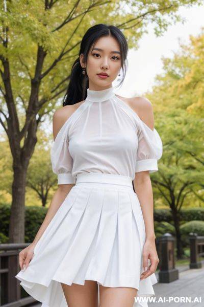 Beautiful 20 year old long black hair woman posing naked, no makeup, brown eyes, ponytail, standing by park, gauze white dress, costume with blue accents, white cyan, japanese, skirt, lifting her - ai-porn.ai - Japan on pornsimulated.com