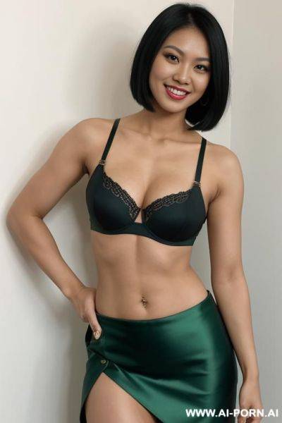 Filipina, black hair, short straight hair, fit, arms flexing, navel piercing, green bra, green skirt, smile, looking at camera, tall, full body - ai-porn.ai on pornsimulated.com