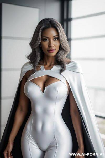 1 milf, 0 years old, realistic, beautiful face, hd, k, detail, high detail, k, full body, beautiful face, super hero suit, white bodysuit, sexy suit, shoulder off, shoulder cape, mom body, - ai-porn.ai on pornsimulated.com